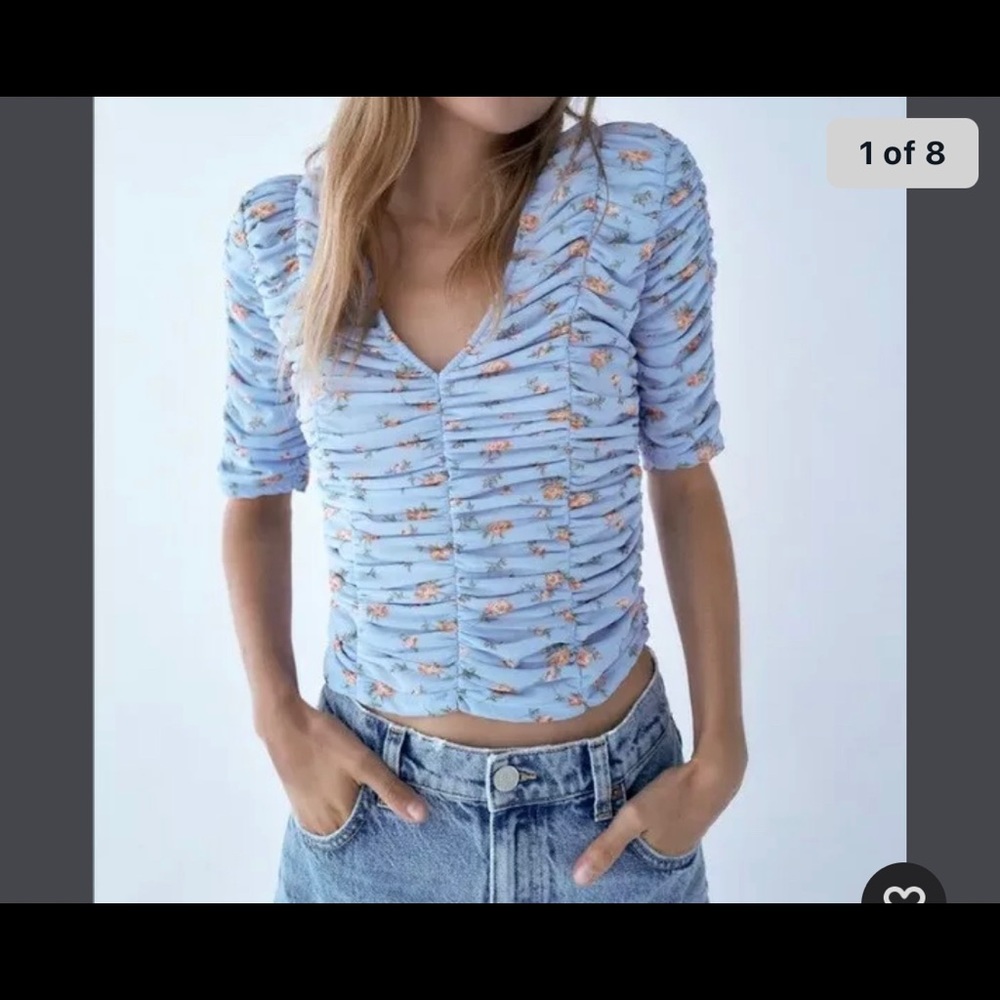 Zara blue tulle print top NWT